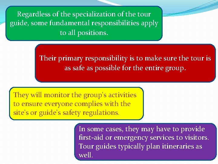 Regardless of the specialization of the tour guide, some fundamental responsibilities apply to all