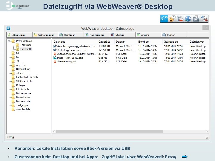 Dateizugriff via Web. Weaver® Desktop • Varianten: Lokale Installation sowie Stick Version via USB