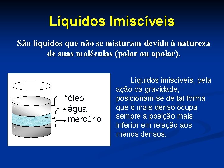 Líquidos Imiscíveis São líquidos que não se misturam devido à natureza de suas moléculas