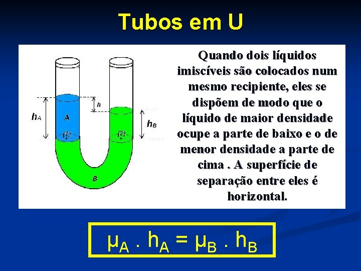 Tubos em U Quando dois líquidos imiscíveis são colocados num mesmo recipiente, eles se