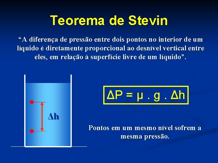 Teorema de Stevin “A diferença de pressão entre dois pontos no interior de um