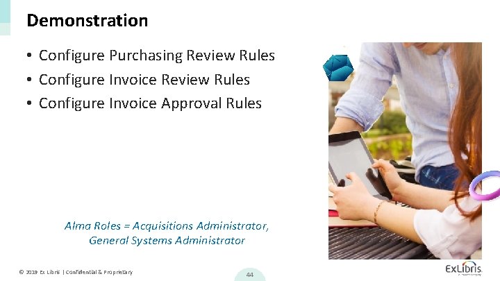 Demonstration • Configure Purchasing Review Rules • Configure Invoice Approval Rules Alma Roles =