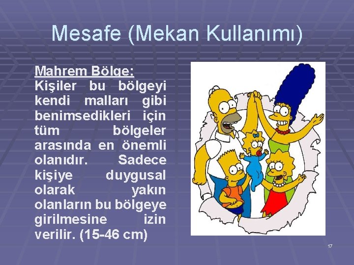 Mesafe (Mekan Kullanımı) Mahrem Bölge: Kişiler bu bölgeyi kendi malları gibi benimsedikleri için tüm