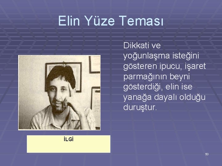 Elin Yüze Teması Dikkati ve yoğunlaşma isteğini gösteren ipucu, işaret parmağının beyni gösterdiği, elin