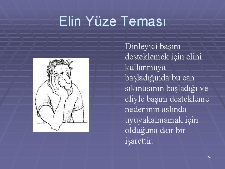 Elin Yüze Teması Dinleyici başını desteklemek için elini kullanmaya başladığında bu can sıkıntısının başladığı