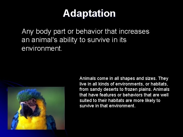 Adaptation Any body part or behavior that increases an animal's ability to survive in