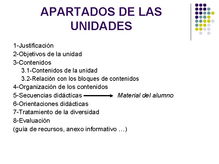 APARTADOS DE LAS UNIDADES 1 -Justificación 2 -Objetivos de la unidad 3 -Contenidos 3.