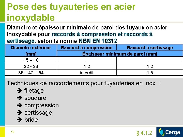 Pose des tuyauteries en acier inoxydable Diamètre et épaisseur minimale de paroi des tuyaux