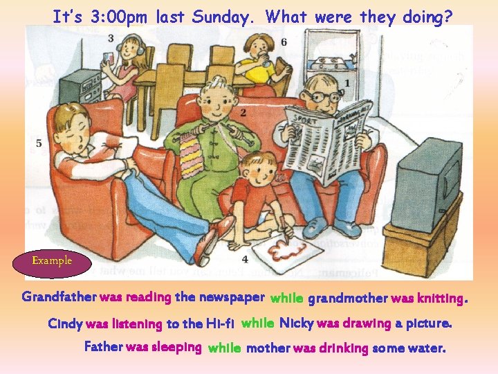 It’s 3: 00 pm last Sunday. What were they doing? Example Grandfather was reading