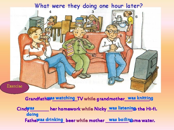 What were they doing one hour later? Exercise was______TV watching was knitting Grandfather while