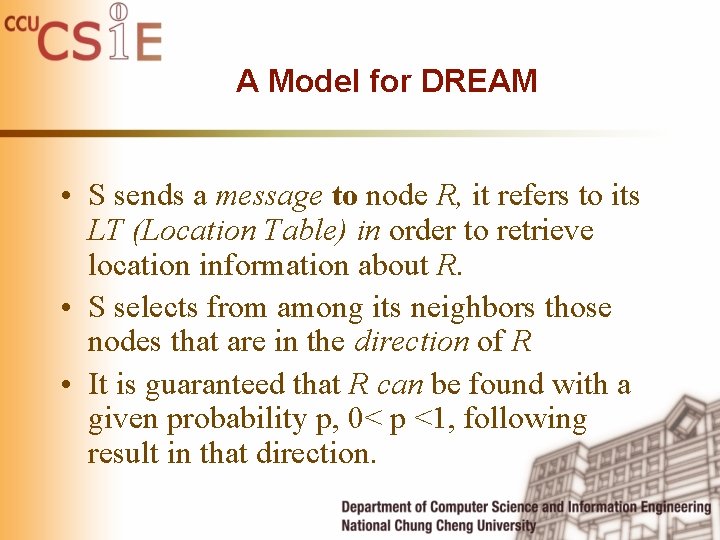 A Model for DREAM • S sends a message to node R, it refers A Model for DREAM • S sends a message to node R, it refers