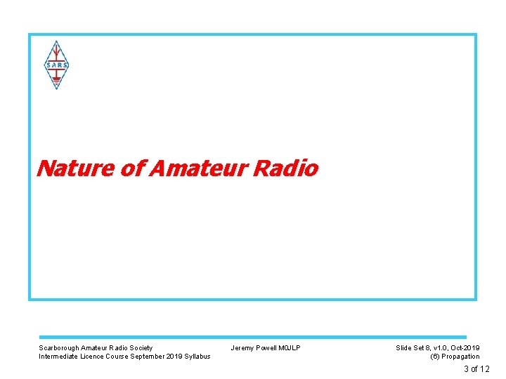 Nature of Amateur Radio Scarborough Amateur Radio Society Intermediate Licence Course September 2019 Syllabus