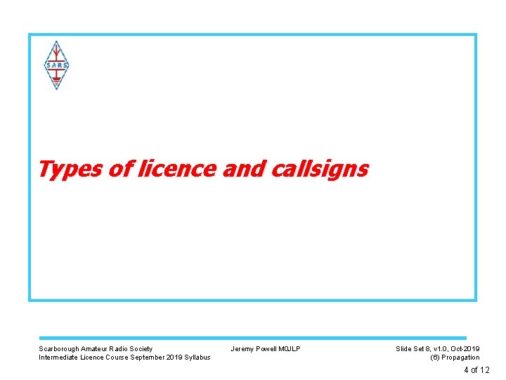 Types of licence and callsigns Scarborough Amateur Radio Society Intermediate Licence Course September 2019