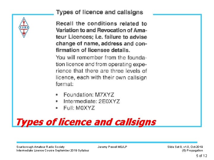 Types of licence and callsigns Scarborough Amateur Radio Society Intermediate Licence Course September 2019