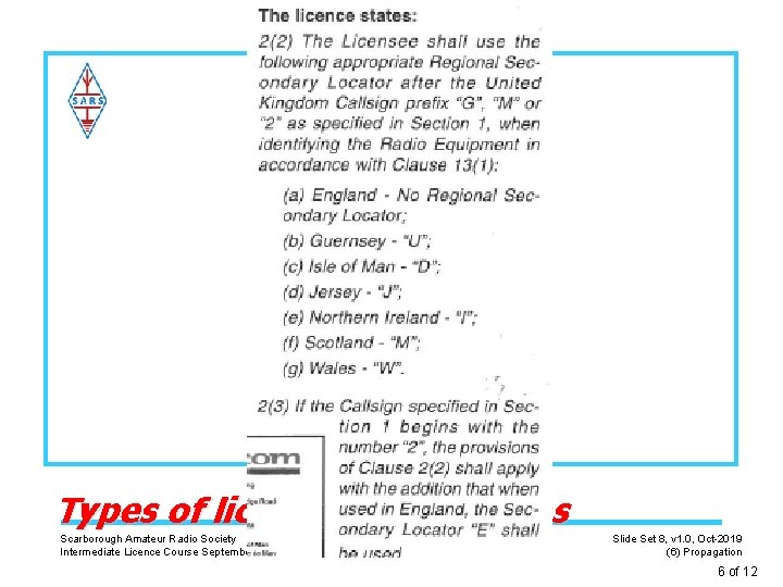 Types of licence and callsigns Scarborough Amateur Radio Society Intermediate Licence Course September 2019