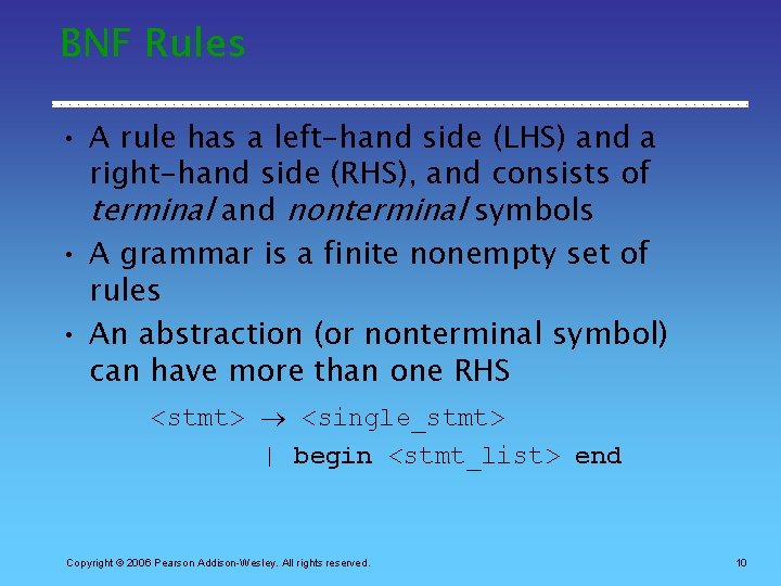 BNF Rules • A rule has a left-hand side (LHS) and a right-hand side