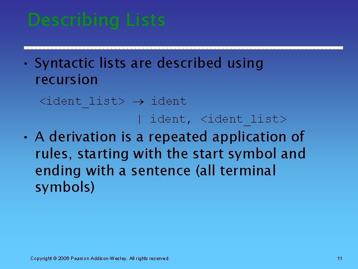 Describing Lists • Syntactic lists are described using recursion <ident_list> ident | ident, <ident_list>