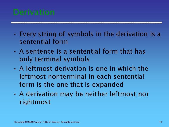 Derivation • Every string of symbols in the derivation is a sentential form •
