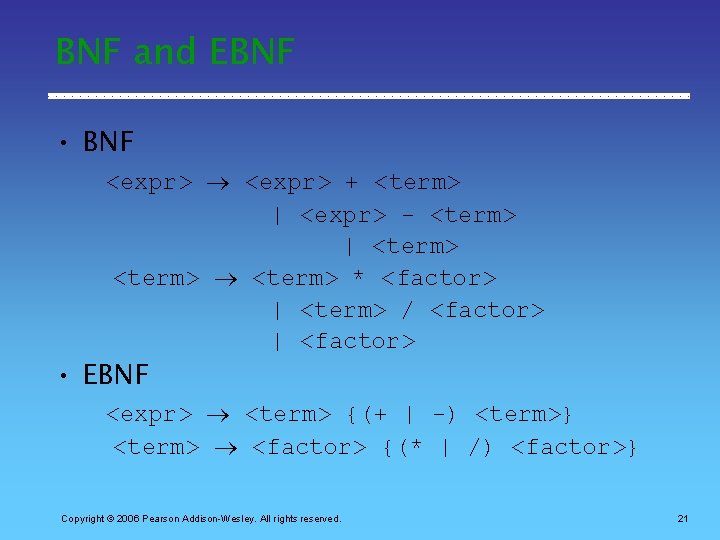 BNF and EBNF • BNF <expr> + <term> | <expr> - <term> | <term>