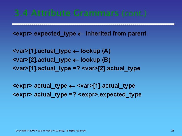 3. 4 Attribute Grammars (cont. ) <expr>. expected_type inherited from parent <var>[1]. actual_type lookup