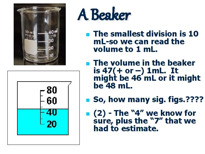 A Beaker n n The smallest division is 10 m. L-so we can read