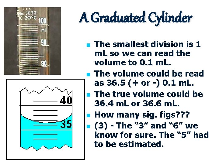 A Graduated Cylinder n n n The smallest division is 1 m. L so