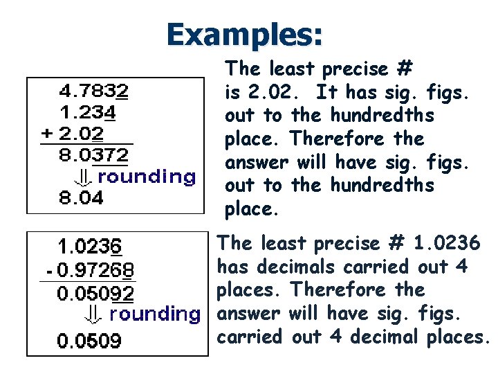 Examples: The least precise # is 2. 02. It has sig. figs. out to