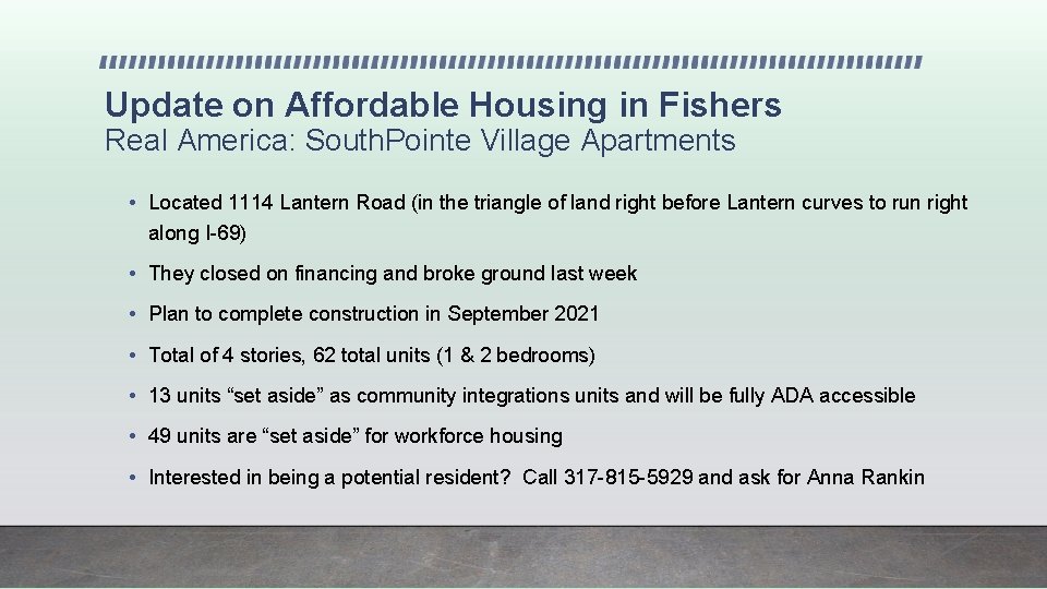 Update on Affordable Housing in Fishers Real America: South. Pointe Village Apartments • Located