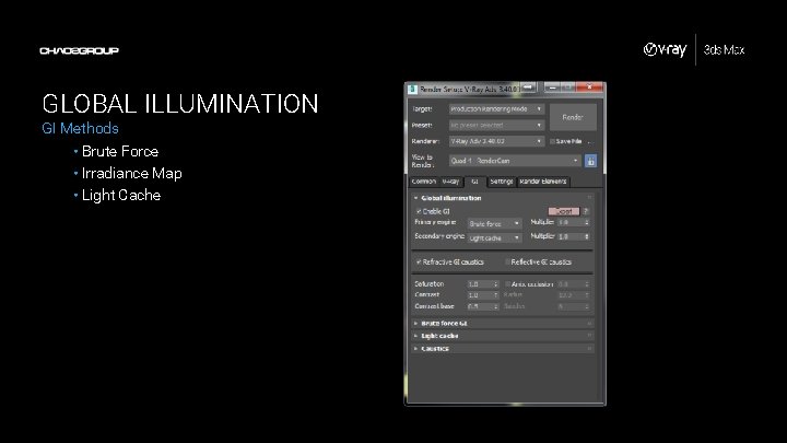 GLOBAL ILLUMINATION GI Methods • Brute Force • Irradiance Map • Light Cache 