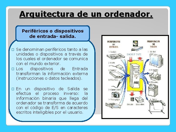 Arquitectura de un ordenador. Periféricos o dispositivos de entrada- salida. Se denominan periféricos tanto