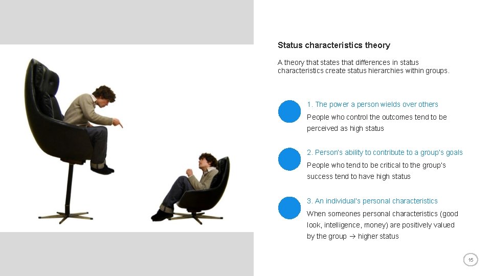 Status characteristics theory A theory that states that differences in status characteristics create status