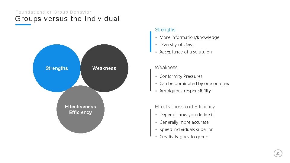 Foundations of Group Behavior Groups versus the Individual Strengths • More information/knowledge • Diversity