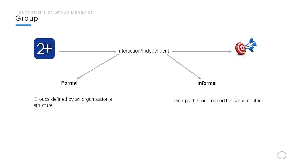 Foundations of Group Behavior Group Interaction/Independent Formal Groups defined by an organization’s structure Informal