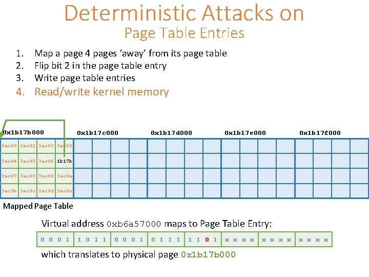 Deterministic Attacks on Page Table Entries 1. Map a page 4 pages ‘away’ from