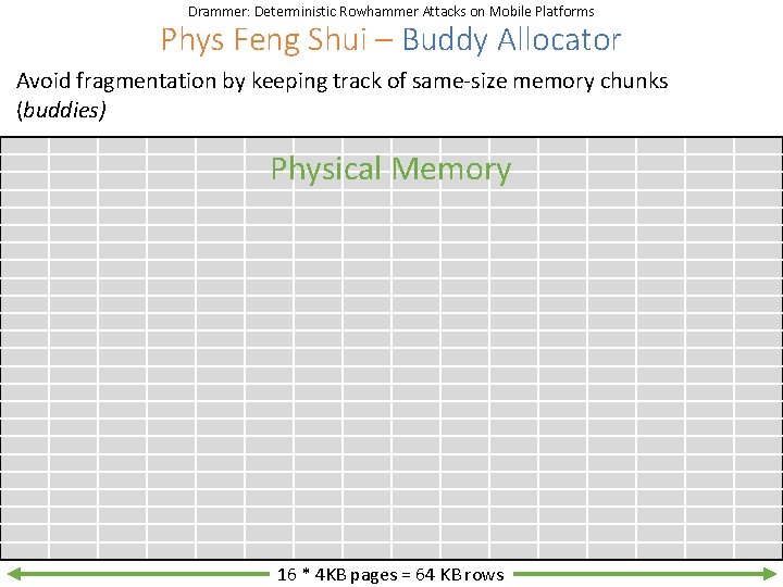 Drammer: Deterministic Rowhammer Attacks on Mobile Platforms Phys Feng Shui – Buddy Allocator Avoid