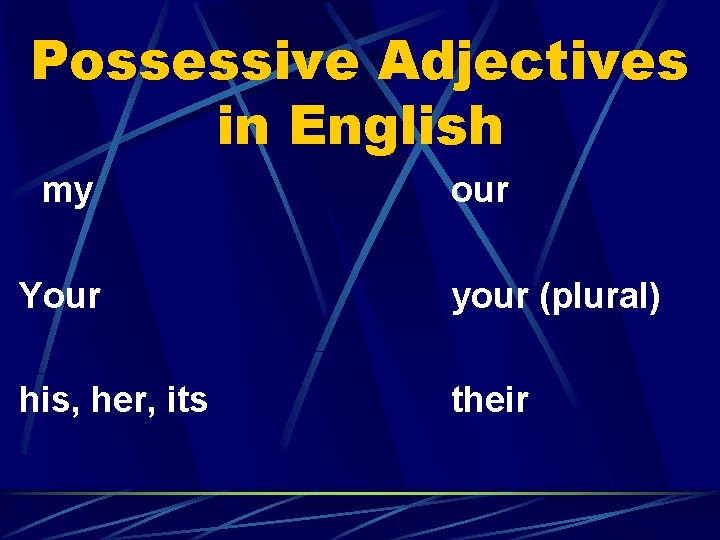 Possessive Adjectives in English my our Your your (plural) his, her, its their 