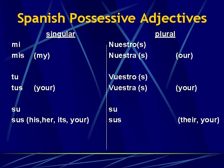 Spanish Possessive Adjectives singular mi mis tu tus (my) (your) su sus (his, her,