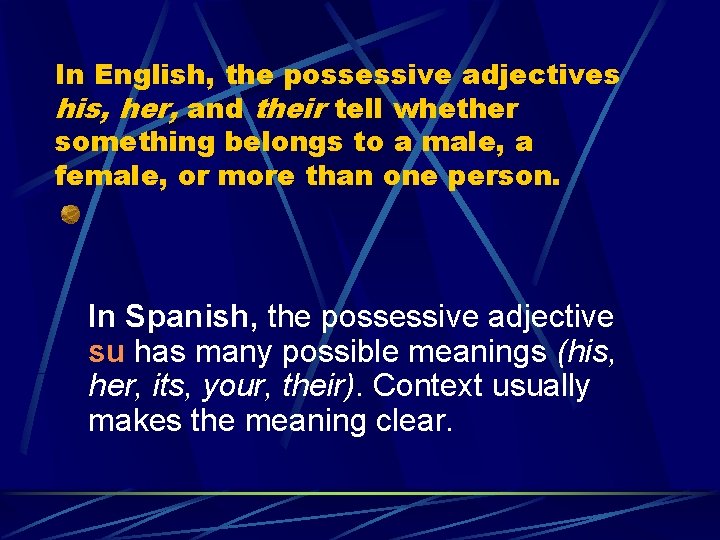 In English, the possessive adjectives his, her, and their tell whether something belongs to