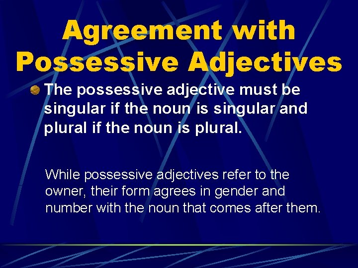 Agreement with Possessive Adjectives The possessive adjective must be singular if the noun is