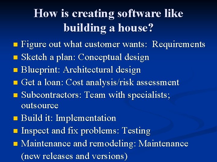 How is creating software like building a house? Figure out what customer wants: Requirements