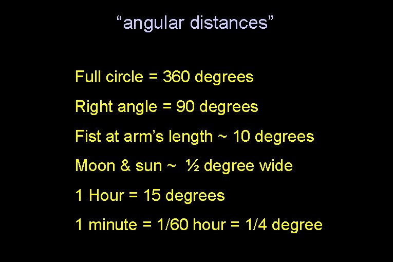 “angular distances” Full circle = 360 degrees Right angle = 90 degrees Fist at