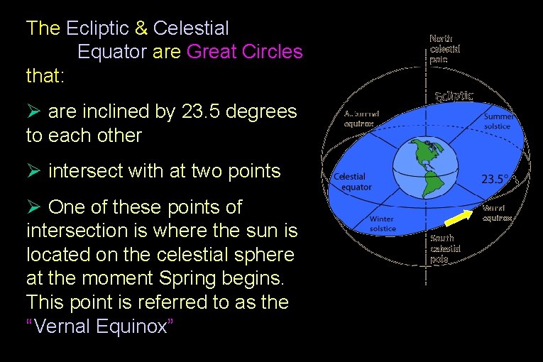 The Ecliptic & Celestial Equator are Great Circles that: Ø are inclined by 23.