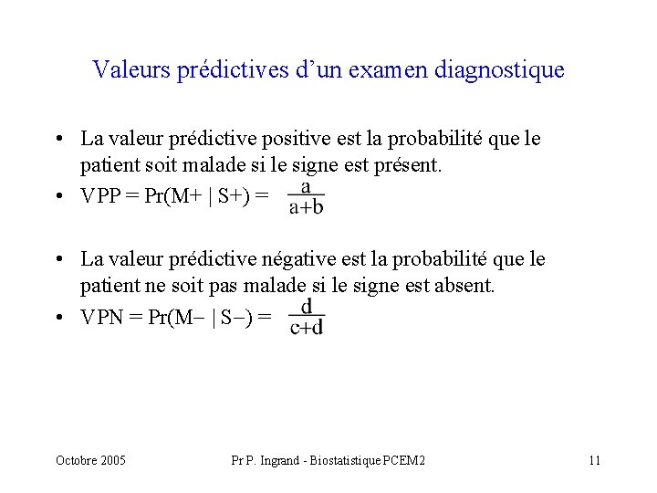 Valeurs prédictives d’un examen diagnostique • La valeur prédictive positive est la probabilité que