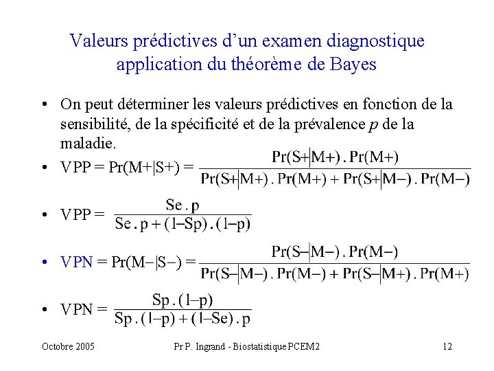 Valeurs prédictives d’un examen diagnostique application du théorème de Bayes • On peut déterminer