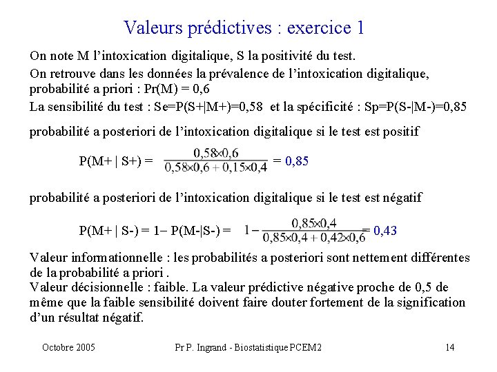 Valeurs prédictives : exercice 1 On note M l’intoxication digitalique, S la positivité du