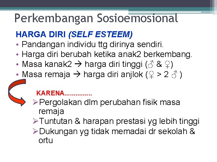 Perkembangan Sosioemosional HARGA DIRI (SELF ESTEEM) • Pandangan individu ttg dirinya sendiri. • Harga