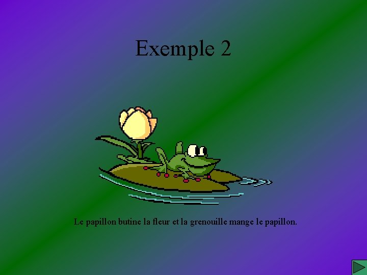 Exemple 2 Le papillon butine la fleur et la grenouille mange le papillon. 