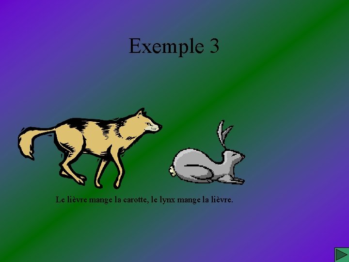 Exemple 3 Le lièvre mange la carotte, le lynx mange la lièvre. 