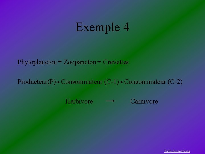 Exemple 4 Phytoplancton Zoopancton Crevettes Producteur(P) Consommateur (C-1) Consommateur (C-2) Herbivore Carnivore Table des