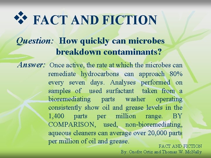 v FACT AND FICTION Question: How quickly can microbes breakdown contaminants? Answer: Once active,